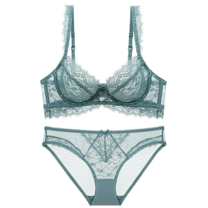 French style eyelash lace lingerie set in dusty blue with sheer mesh and underwire