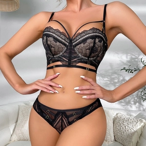 Sexy black lace lingerie set with strappy hollow-out design and push-up floral bra