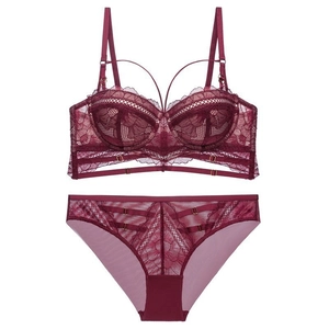 Lace embroidery burgundy lingerie set with push-up bra and cutout mesh panties