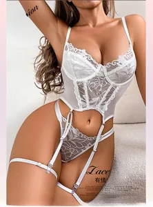 White floral lace corset lingerie set with garter straps and delicate mesh details