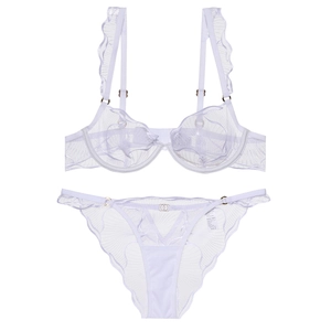 French style white lace sheer lingerie set with floral embroidery and gold ring details
