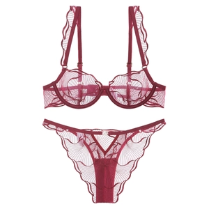 French lace embroidery lingerie set in deep red featuring semi-sheer wired bra and panties