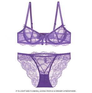 Detail view of purple lace bra set featuring thin straps and floral embroidery textures