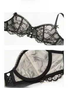 Macro view of black floral lace embroidery and sheer mesh detail on bra cup