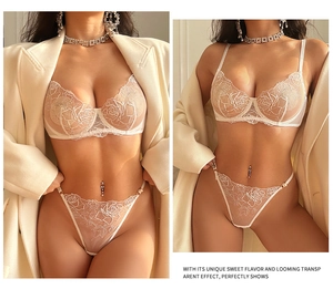 Détail du soutien-gorge en maille blanche semi-transparente avec broderie rose dentelle