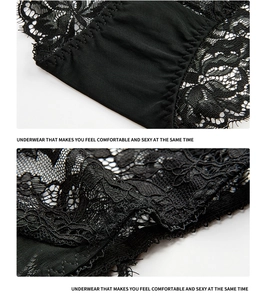 Detailed view of intricate black lace embroidery and smooth fabric on these panties