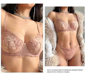 Détail de soutien-gorge en dentelle rose pâle avec broderie rose et tissu en maille