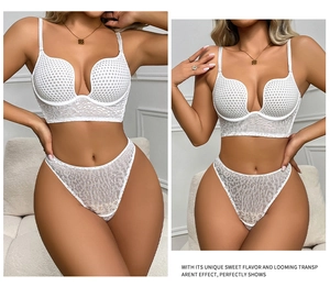 Detalle de sujetador de encaje blanco en U y conjunto de tanga de malla de leopardo