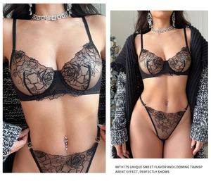 Détail d'un soutien-gorge en maille noire avec broderie rose et anneaux métalliques