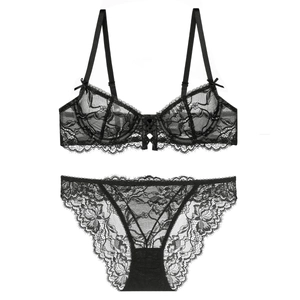Elegant black floral lace lingerie set with thin straps and delicate bow details