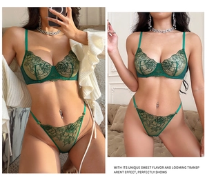 Détail de lingerie en dentelle vert foncé avec broderie rose et mesh transparent