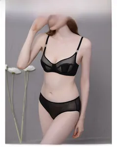 Detail of sheer black mesh lingerie set with underwire cups and metallic strap rings