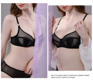 Detail view of black mesh lingerie set with thin straps and sheer panels for women