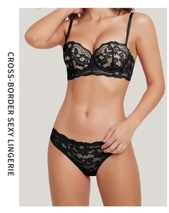 Detail of elegant black embroidery lace lingerie set featuring underwire bra and panties