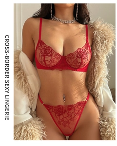 Détail de broderie florale rose rouge sur un ensemble de lingerie en mesh transparent
