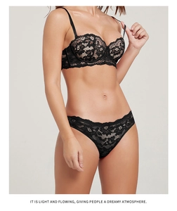 Close-up of black floral lace bra and panty set featuring elegant translucent textures