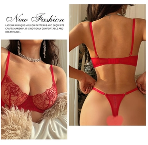 Gros plan détaillé de la broderie florale rouge et du tulle transparent du soutien-gorge