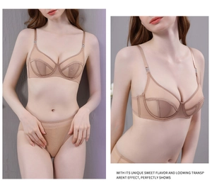 Macro shot of sheer mesh lace lingerie set with underwire cups and silver strap adjusters