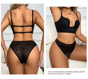 Vista de detalle del conjunto de lencería de malla transparente negra con estampado leopardo