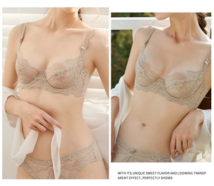 Detalle de conjunto de lencería de encaje beige con motivos florales y lazos