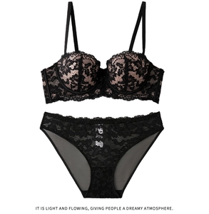 Detailed embroidery lace lingerie set featuring black floral bra and matching panty