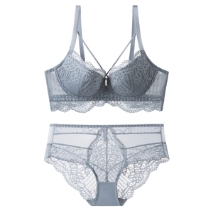 Ensemble de lingerie en dentelle bleu-gris avec soutien-gorge emboîtant et culotte
