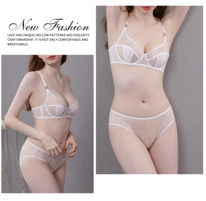 Detailed view of white sheer lace lingerie set featuring underwire bra and mesh panties