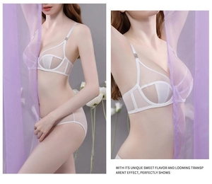 Detail of white sheer mesh lingerie set with structured webbing and translucent texture