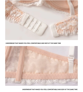 Detail view of pink lace bra with three-row hook closure and breathable mesh wings