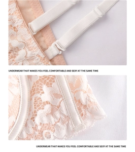 Detail of floral lace embroidery and adjustable straps on the beige half cup bra