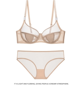 Detailed flat lay of beige sheer mesh lingerie set including thin bra and briefs