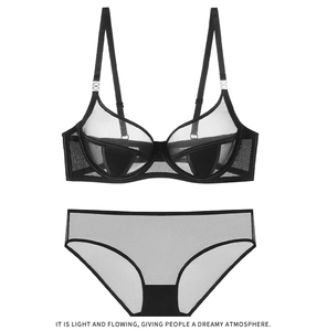 Detail view of sheer black mesh lingerie set showing breathable fabric and metal ring accents