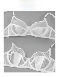 Detail of white sheer mesh bra showing underwire support and satin fabric texture