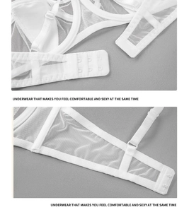 Detail view of white sheer mesh bra featuring triple hook-and-eye closure and adjustable straps
