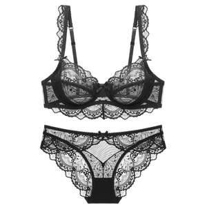 Sexy black floral lace lingerie set with sheer unlined bra and cutout panties