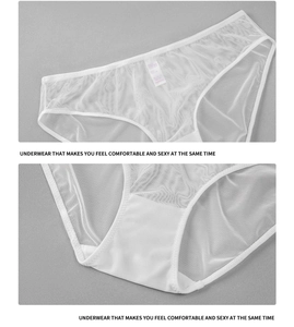 Detailed view of white mesh lace panties with soft cotton lining and fine stitching edges
