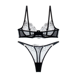 Ensemble de lingerie en dentelle noire avec broderie rose et mesh transparent