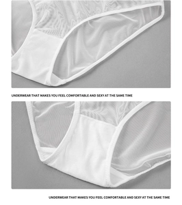 Close-up of white mesh fabric texture and fine stitching on women sheer lingerie panties