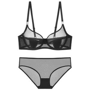 Sheer black mesh lingerie set with supportive underwire bra and matching panties