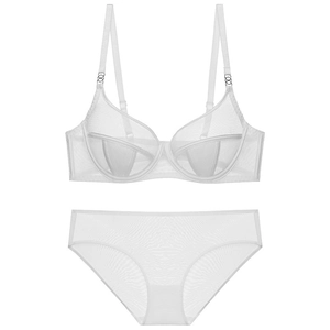 Elegant white sheer mesh lingerie set featuring a supportive underwire bra and matching panties