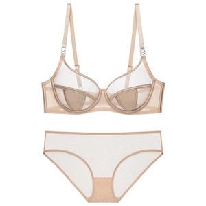 Nude sheer mesh lingerie set featuring underwire bra and matching panty with mesh detail