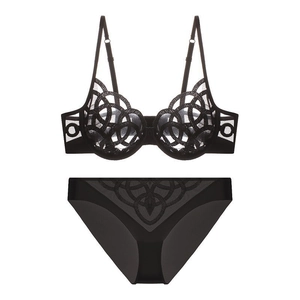 Franse zwarte kanten lingerieset met mesh borduursels en beugelbeha voor dames
