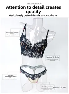 Detalle de conjunto de lencería de encaje negro con diseño de realce en forma de U