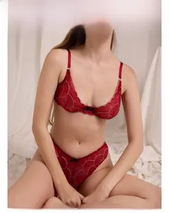 Close-up of sheer red lace lingerie set with delicate scalloped edges and black bows