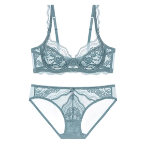 Elegant floral lace lingerie set with push-up bra and matching panties in misty blue color