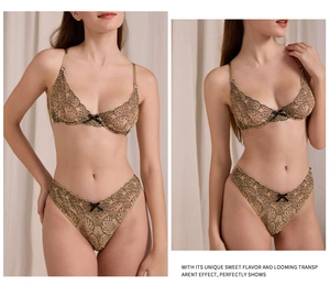 Detail of champagne gold bra set with black lace embroidery and delicate bows