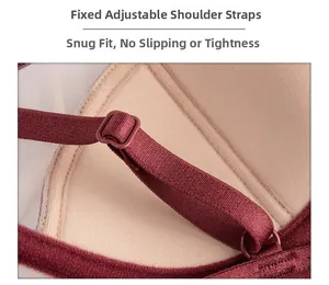 Detail of adjustable straps on burgundy mesh bra showing fine stitching and secure buckles