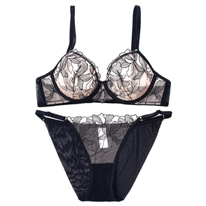 Lace lingerie set with black floral embroidery mesh bra and sheer side panties