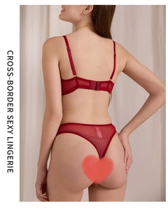 Detail of dark red sheer mesh lace lingerie set showing the back clasp and thong