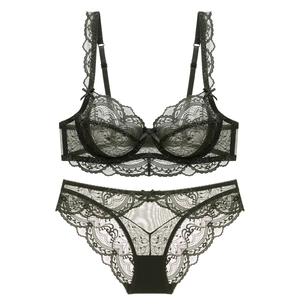 Französisches dunkelgrünes Spitzen-Dessous-Set mit floraler Stickerei und Schleifen
